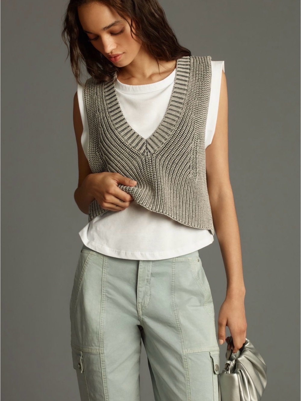 Anthropologie Twofer layered top  Knit V‑Neck Cropped Vest over white tee